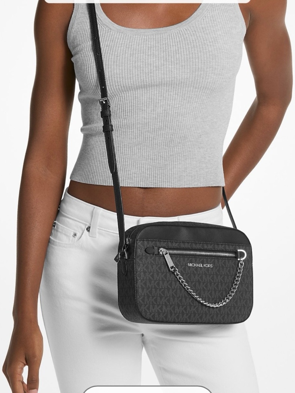 Authentic Michael Kors Black Logo Monogram Crossbody with Chain Detail